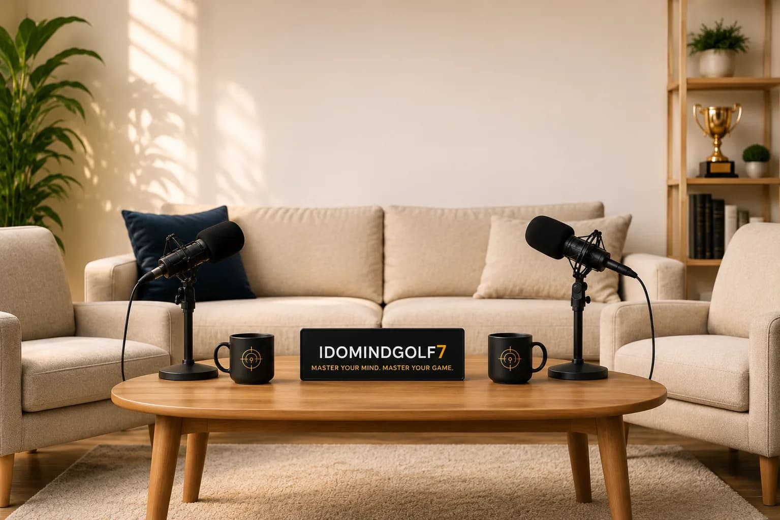 In the Mind Of — IDOMINDGOLF7 interview studio with microphones, branded mugs, and the podcast set for golf mental performance conversations.