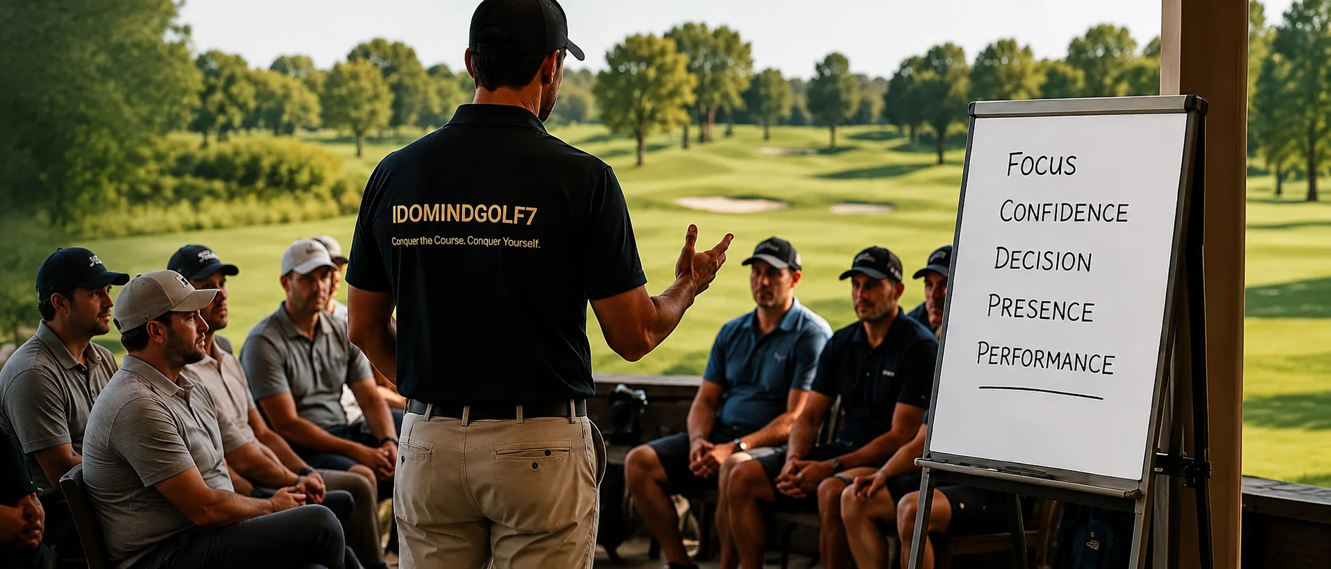 Mental Performance Clinic with Pedro Nogueira — golfers on a club terrace learning focus, confidence, decision, presence, and performance.