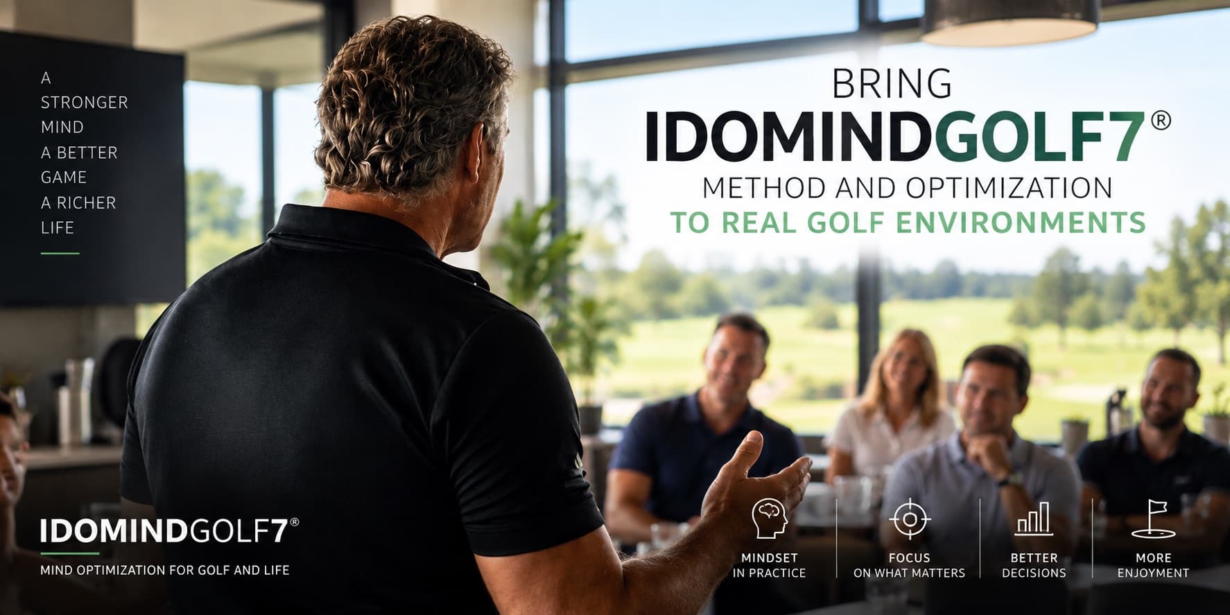 Bring IDOMINDGOLF7 method and optimization to real golf environments - Pedro Nogueira presenting to golfers in a clubhouse