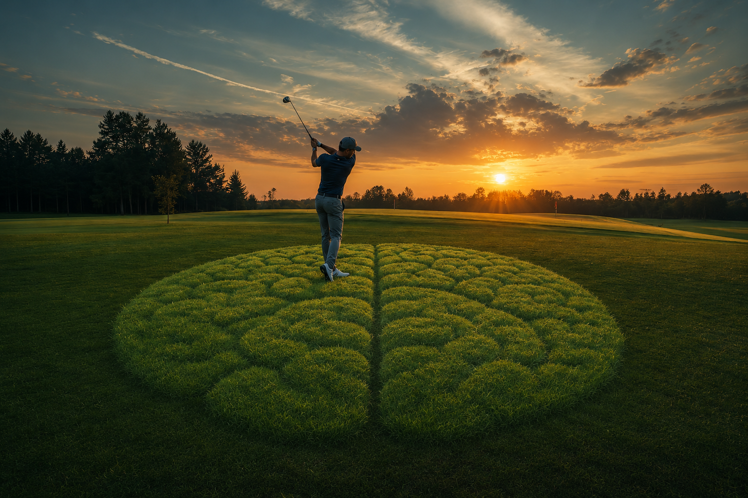 Golfer swinging on a brain-shaped grass pattern at sunset